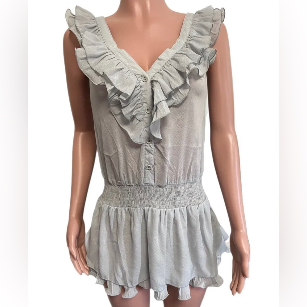 Grey Button-Up Ruffled Smocked Semi-sheer Tunic